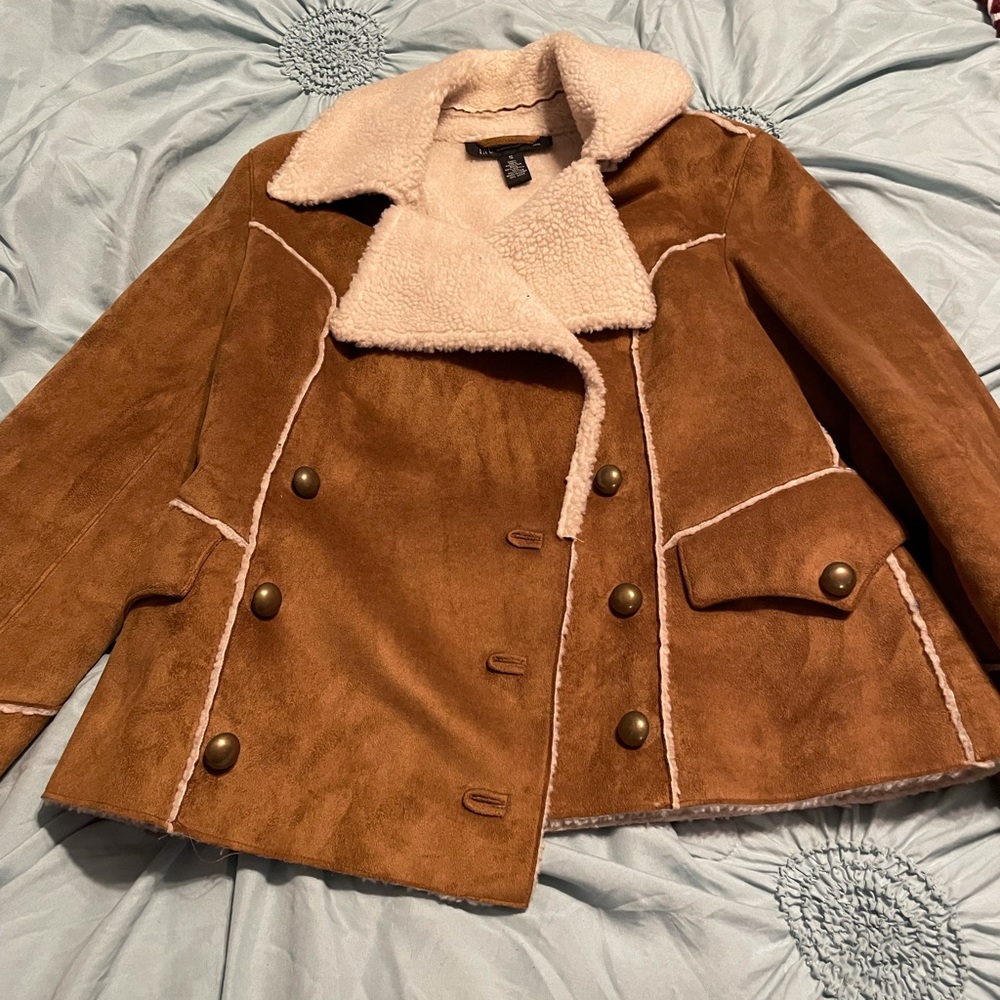 Brown suede with wool liner. Bomber style jacket.